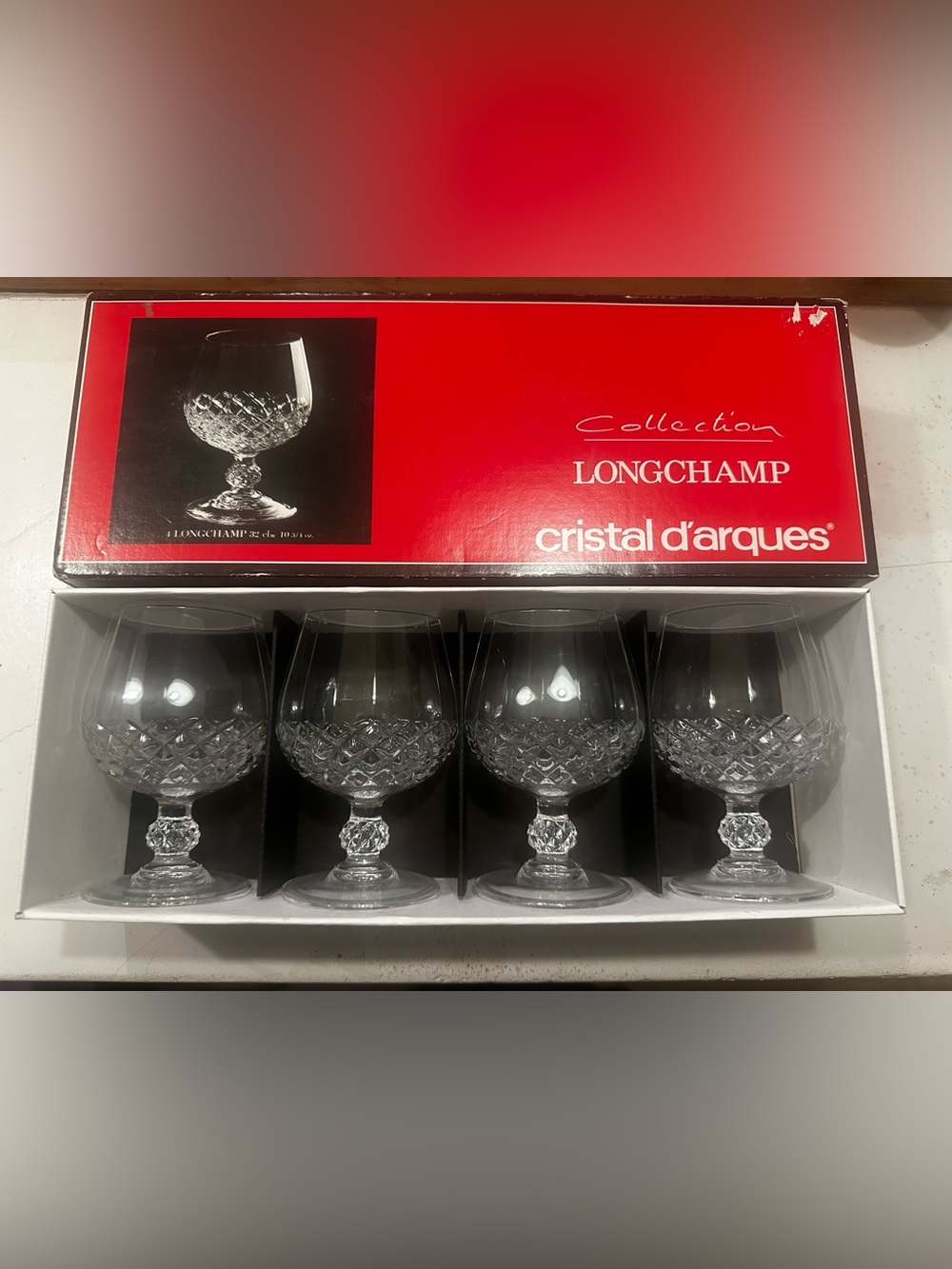 Longchamp Crystal Brandy Glasses - Clear Cut Pattern, Set of 4